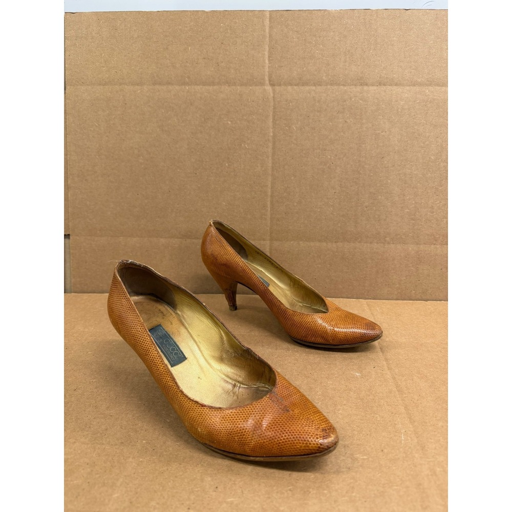 Vintage 80's Gucci GG Snakeskin Leather Slip On Pumps Brown Womens Size 37.5 EU